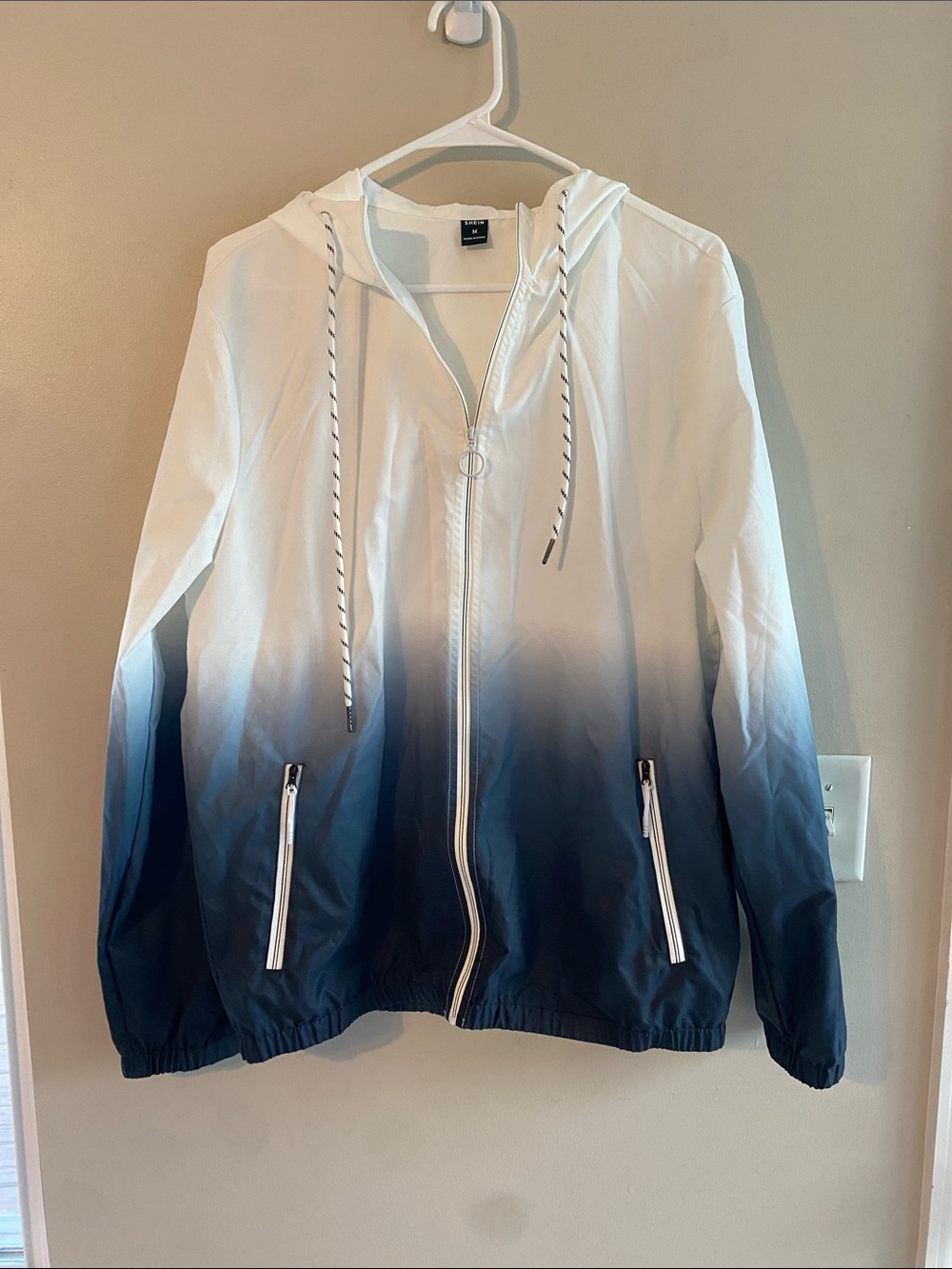SHEIN White to Navy Ombre Zip Hooded Windbreaker